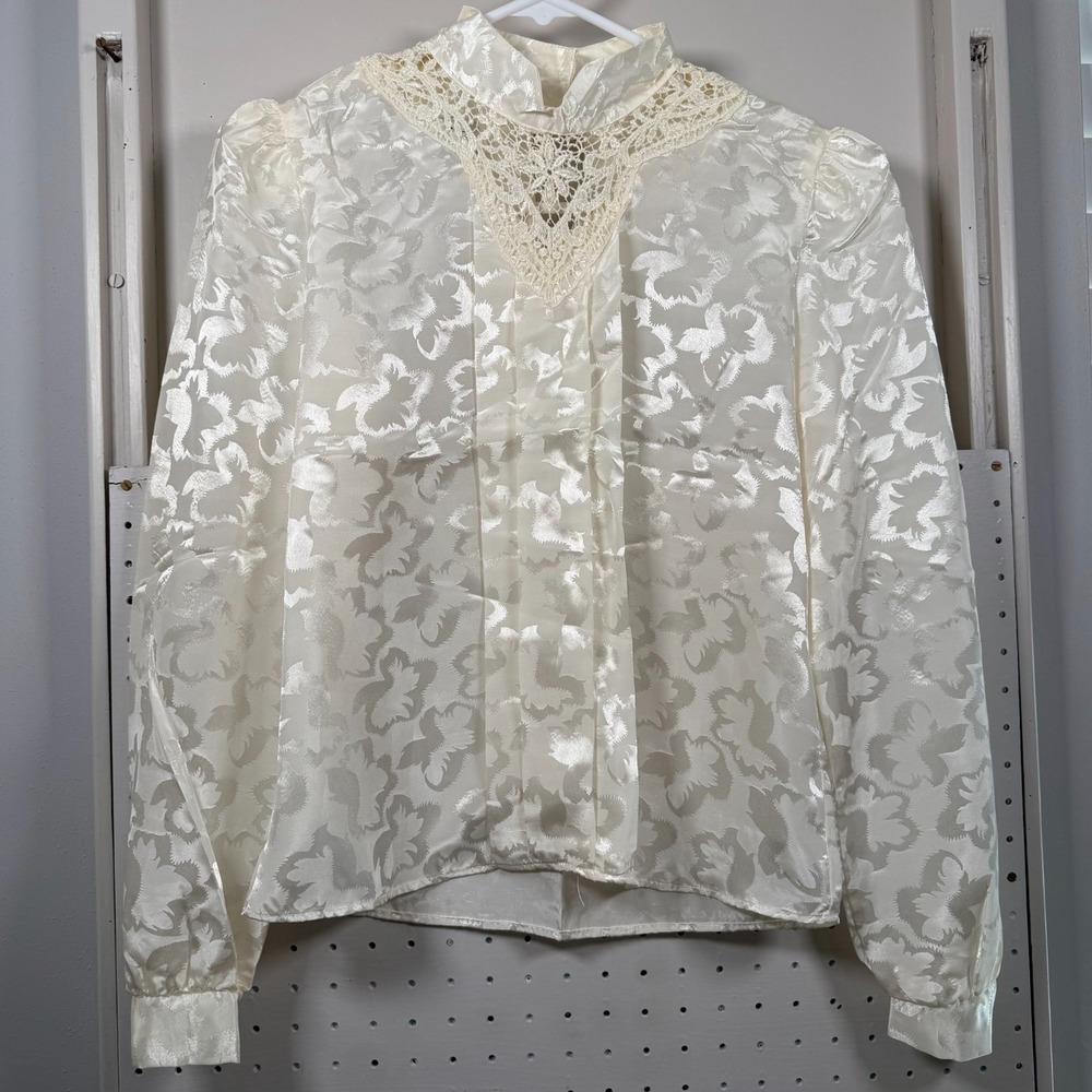VTG Cristina Jacquard Blouse Women's Ivory Floral Crochet Long Sleeve‎ - Small
